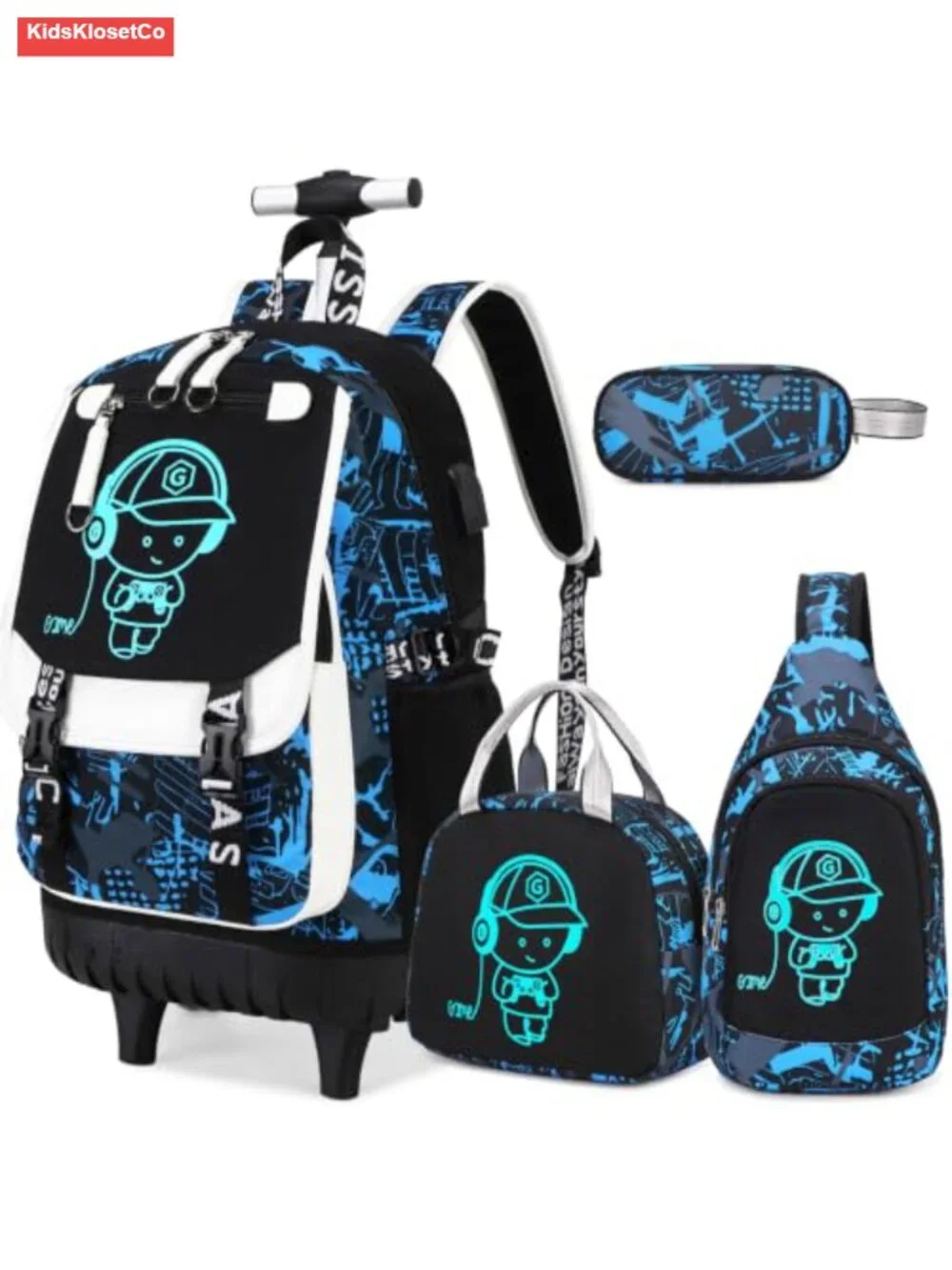Rolling Backpack for Boys with Wheels, Glow in Dark, Water Resistant, 900D
